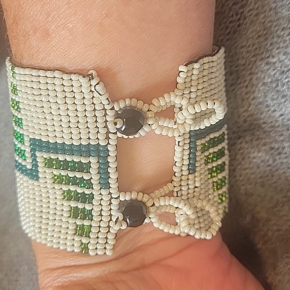 Seed Bead Cuff Bracelet with Cream, Green, Aqua Beads 6" x 2" - Picture 2 of 6